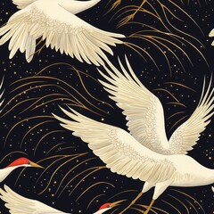 Elegant seamless pattern featuring graceful white cranes in flight over a rich black background with golden accents