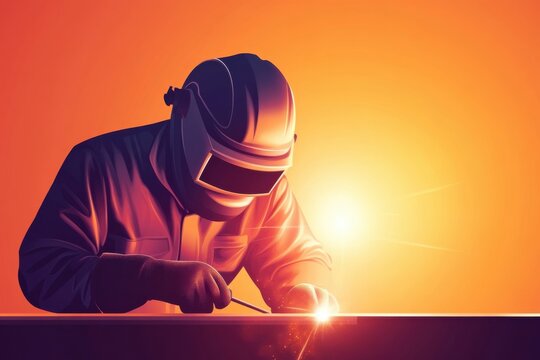 Expert electrogas welder shapes metal structure during sunset with precision and skill