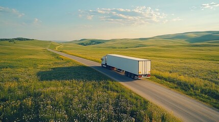 White Semi Truck Drives Country Road Through Fields
