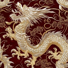 Elegant seamless pattern featuring majestic dragons amidst ornate floral designs in rich, warm tones