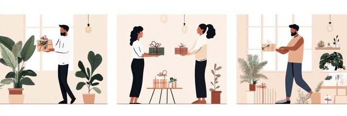 Couple exchanges gifts wrapped in unique styles reflecting family traditions for special occasions
