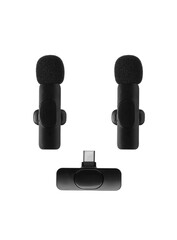 Two wireless clip-on microphones with foam windshields and a USB-C receiver.