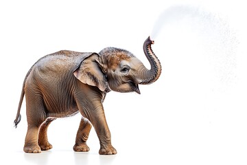 Obraz premium Playful elephant spraying water with its trunk on solid white background.