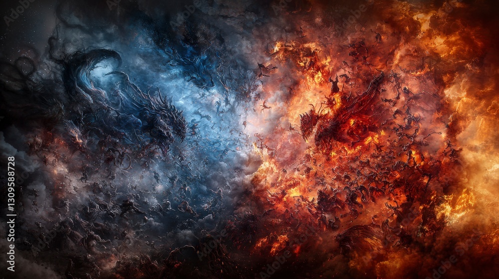 Poster celestial war between powerful beings mythical realm digital art dramatic environment dynamic viewpo