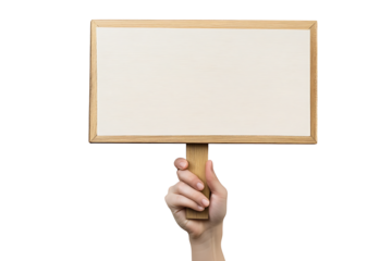 human hand holding blank demonstration wooden sign isolated on white or transparent png.