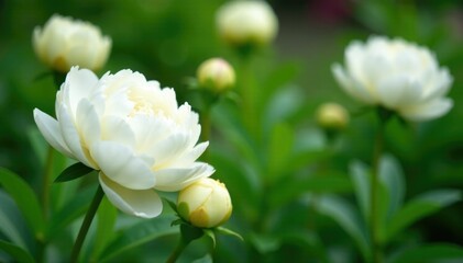Fototapeta premium White peonies blooming in a lush garden amidst greenery, peonies, garden flowers