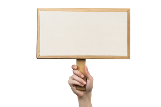 human hand holding blank demonstration wooden sign isolated on white or transparent png.