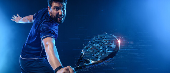 Padel Tennis Player with Racket in Hand. Paddle tenis, on a blue background. Download in high...
