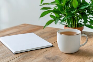 Cozy Wooden Desk with Open Planner and Cup of Tea Surrounded by Lush Greenery