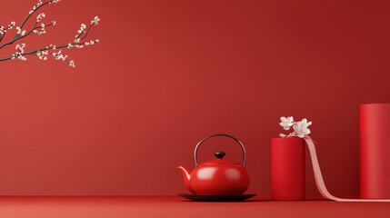 Red Teapot and Cylinders with Cherry Blossoms on a Red Background