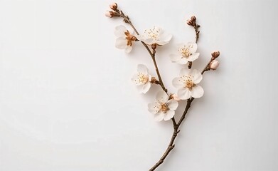 Elegant Light Pink Blossoms on a Delicate Branch Against a Serene White Background
