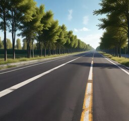 Fototapeta premium Wide asphalt highway with road markings and trees on the side, foliage, greenery