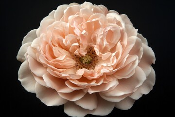 A close-up of a pale pink rose flower. The petals gently open to reveal a delicate blend of cream and pink hues. Nature. Environment.