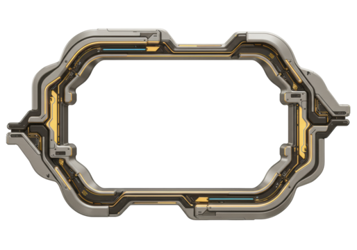 Title: Futuristic Sci-Fi Interface Frame with Metallic and Tech Details.Isolated white background..Full transparent PNG. 