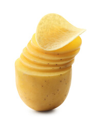 Tasty chip and sliced raw potato isolated on white