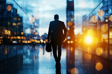 Fototapeta premium Silhouette of Businessman Walking in Modern Cityscape at Sunset