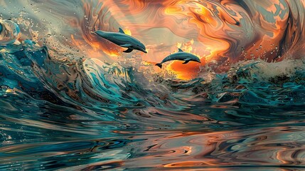 Surreal Dolphins Leaping Through Abstract Ocean Waves at Sunset