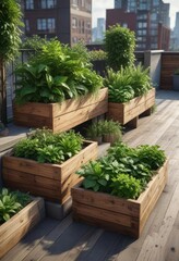 Fototapeta premium Wooden planters with lush greenery on a rooftop garden, serene, garden, rooftop