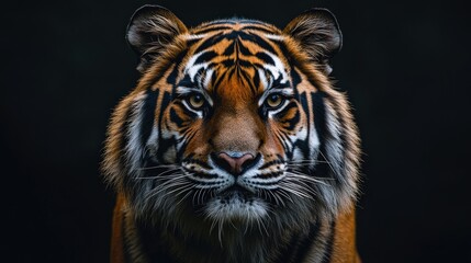 Fototapeta premium Close-up of a majestic tiger's face: vibrant orange, black, and white fur contrast with its profound brown eyes against a shadowy backdrop. A captivating fusion of power and grace captured in stunning