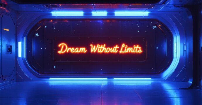 Naklejki Neon sign dream without limits deep sapphire orange mounted futuristic space station softly reflecting sleek metal walls