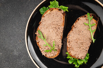 Pate meat chicken liver with mushrooms tasty fresh delicious gourmet food background on the table rustic food top view copy space