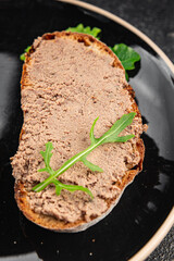 Pate meat chicken liver with mushrooms tasty fresh delicious gourmet food background on the table rustic food top view copy space