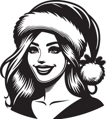 Woman Wearing Christmas Cap on Her Head - Black Vector Illustration
