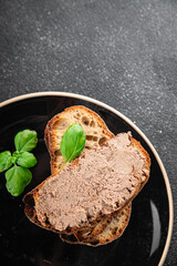 Pate meat chicken liver with mushrooms tasty fresh delicious gourmet food background on the table...