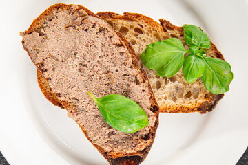 Pate meat chicken liver with mushrooms tasty fresh delicious gourmet food background on the table rustic food top view copy space