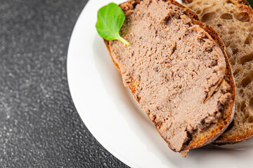 Pate meat chicken liver with mushrooms tasty fresh delicious gourmet food background on the table rustic food top view copy space