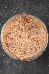 Pate meat chicken liver with mushrooms tasty fresh delicious gourmet food background on the table rustic food top view copy space