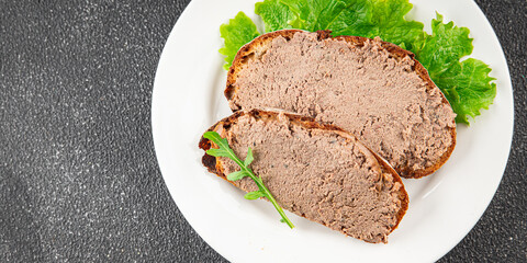 Pate meat chicken liver with mushrooms tasty fresh delicious gourmet food background on the table...