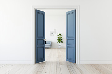 blue interior door with blue  trim in an open position, white wall and living room background. 