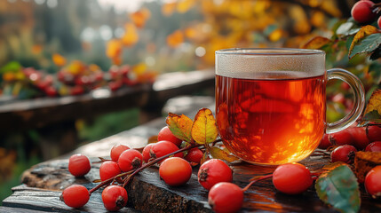 Steaming rosehip tea warming up an autumn day