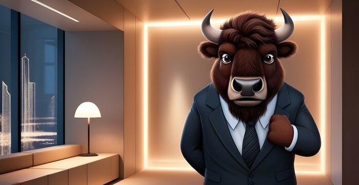 corporate cartoon bull in workspace for career and finance related content