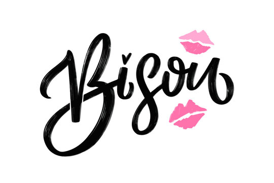 Elegant Bisou script font with a pink lips icon (kiss), offering a chic, feminine vibe perfect for beauty, fashion, and love-themed designs. French kiss. EPS 10.