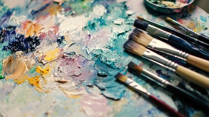 Obraz premium A flat lay featuring watercolor paints, brushes, and a palette, showcasing creativity and artistic expression.