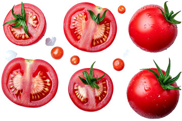 juicy red tomatoes - sliced and whole - isolated on black