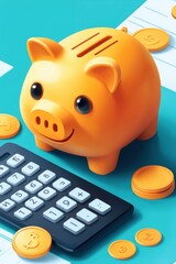 A piggy bank, a calculator, and scattered coins symbolize financial savings and budgeting. The image represents money management, personal finance, and economic planning.