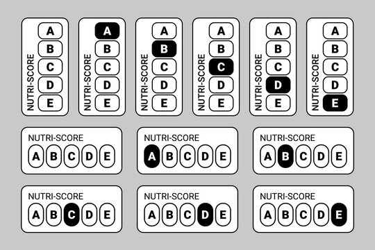 Nutri-Score labels displaying nutritional ratings from A to E in a standardized format. Ideal for illustrating healthy eating, food labeling, and dietary guidance concepts