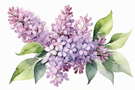 watercolor lilac flowers with green leaves clip art preview