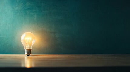 Glowing Light Bulb on Wooden Table against Teal Wall Background Bright Idea Inspiration Innovation Concept Photography Studio Shot Warm Light Elegant 