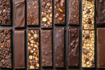 Assorted Dark Chocolate Bars - A close-up shot of various dark chocolate bars, showcasing different textures and inclusions. Rich, dark brown tones dominate the