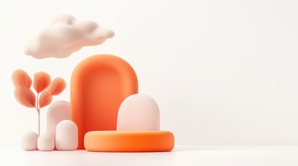 A minimalist composition featuring abstract shapes, soft colors, and playful elements like clouds and trees, creating a serene and modern aesthetic.