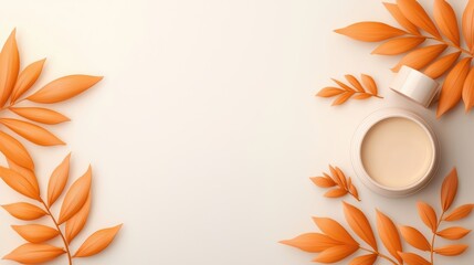 A serene composition featuring orange leaves and a cream container, perfect for showcasing natural beauty products.