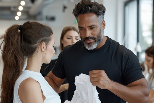 A fashionable designer is actively discussing outfit details with a model in a creative studio space, illustrating collaboration and the creative process involved in fashion design.
