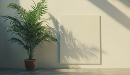Fototapeta premium Minimalist Interior with Green Plant and Blank Canvas Creating a Calm and Serene Atmosphere for Contemporary Design and Artwork Display