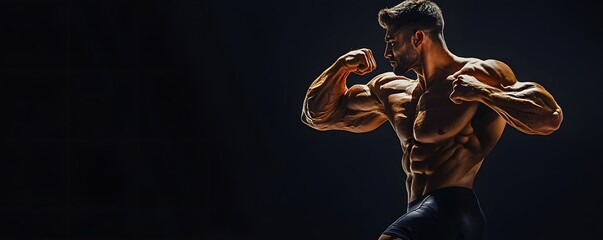Muscular man flexing biceps on a dark background intensely
