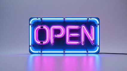 Bright neon sign displaying the word 'Open' in bold pink letters, glowing against a minimalist backdrop, symbolizing business accessibility