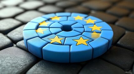 Fractured EU symbol on cobblestones